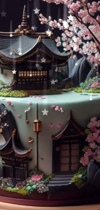 Intricately designed cake with blossoms and artistic flair.