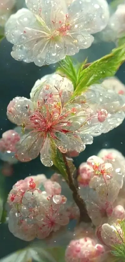 Delicate blossoms with dewdrops on a serene green background.