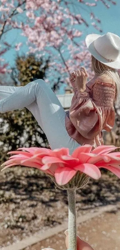 Woman enjoying cherry blossoms in spring landscape.