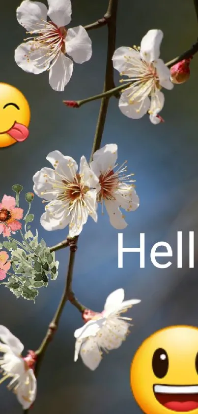 Mobile wallpaper with flowers, emojis, and 'Hello' text.