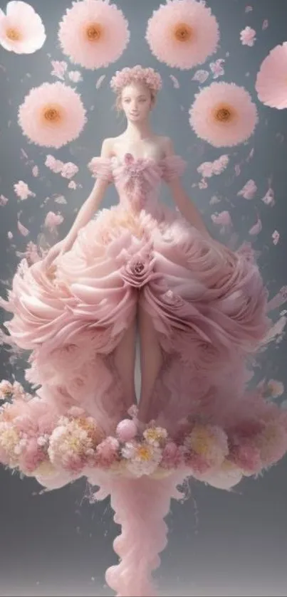 Ethereal floral fairy in pink dress surrounded by blossoms.