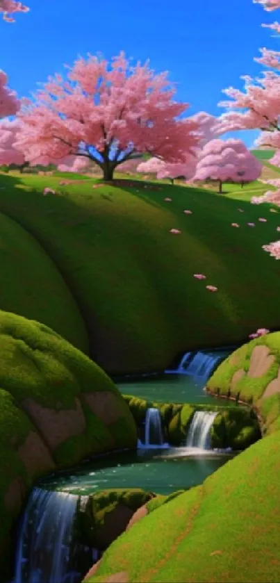 Fantasy landscape with cherry blossoms and waterfalls on a green hillside.