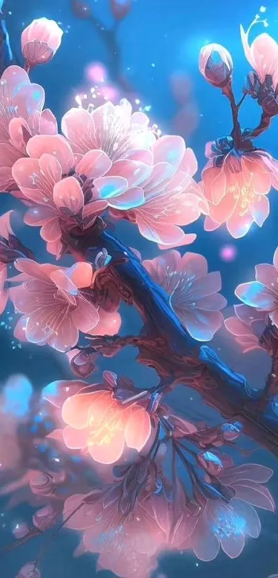 Mobile wallpaper featuring glowing cherry blossoms on a blue background.