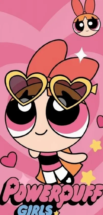 Blossom from Powerpuff Girls with heart sunglasses on a pink background.