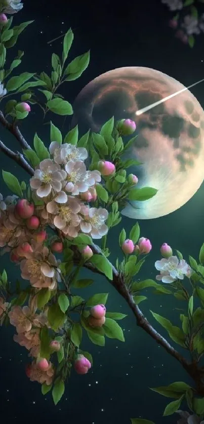 Moonlit landscape with cherry blossoms and serene sky.