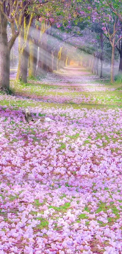 Beautiful path with pink petals and sunlight streaming through trees.