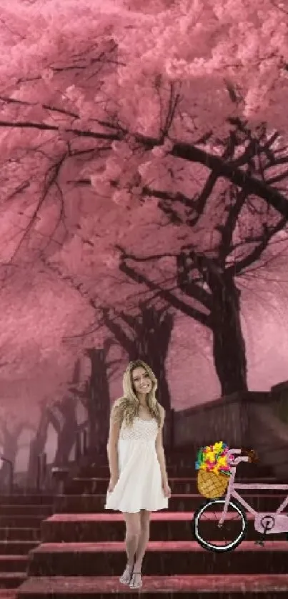 Woman with floral bike on cherry blossom path.