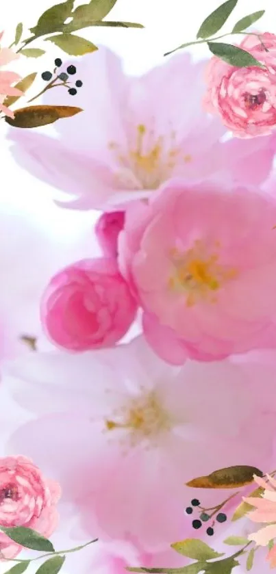 Pink floral wallpaper with delicate blooms and green leaves creating a serene look.