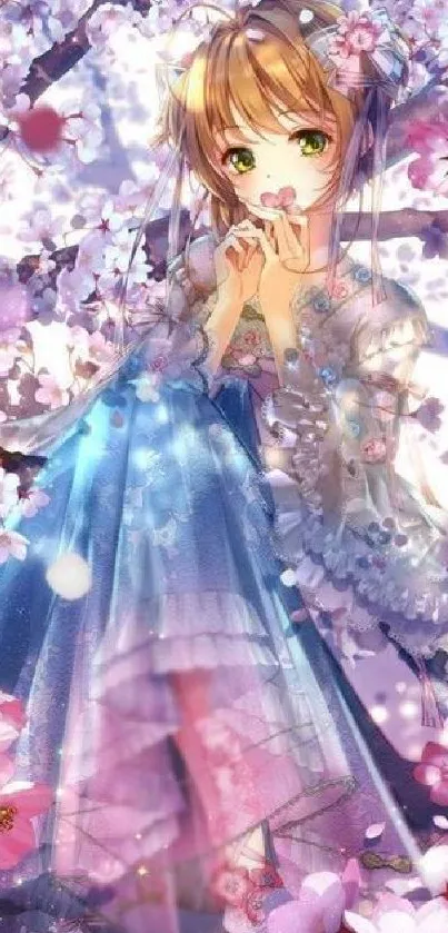 Anime girl surrounded by cherry blossoms in pastel hues.