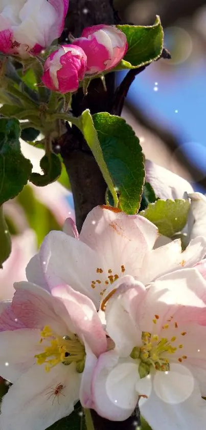 Apple tree blossoms with clear sky backdrop.