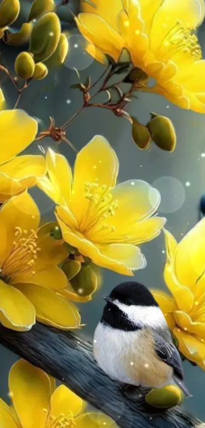 Wallpaper with a bird and yellow flowers on a branch.