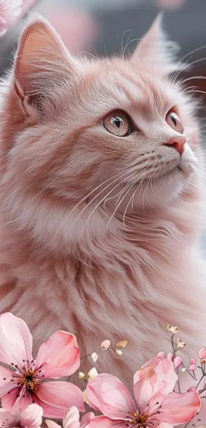 Cute fluffy cat with pink blossoms.
