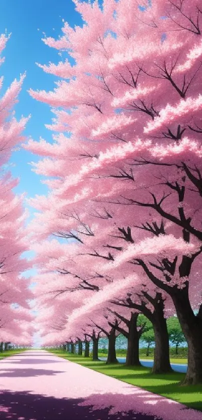 A serene path under blooming cherry trees with vibrant pink blossoms.