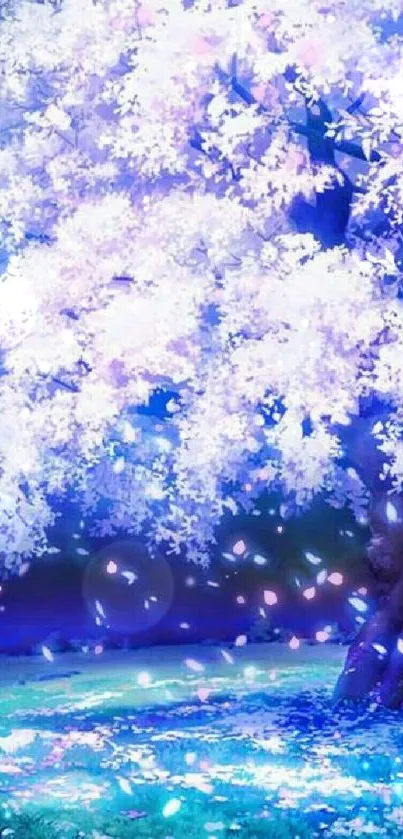 Ethereal cherry blossom tree with blue hues and falling petals.