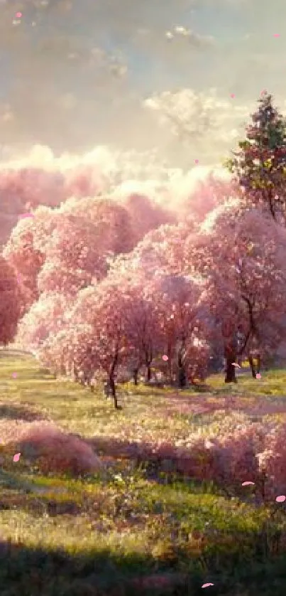 Dreamy pink forest landscape with blossoming trees under a soft sky.