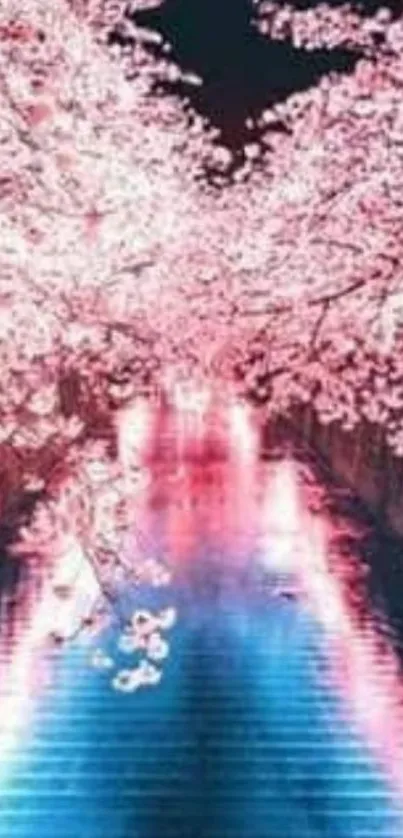 Cherry blossoms over pink-lit pathway at night.