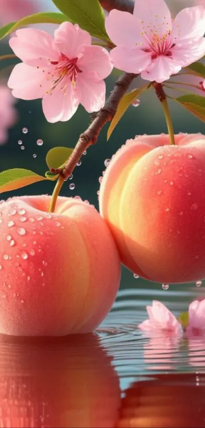Peaches and cherry blossoms with water reflection