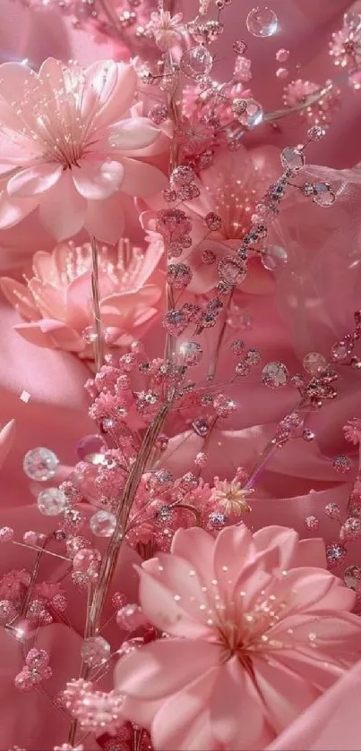 Blooming pink flowers and sparkling decorations on silky background wallpaper.