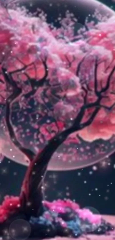 A pink cherry blossom tree under a starry galaxy sky.