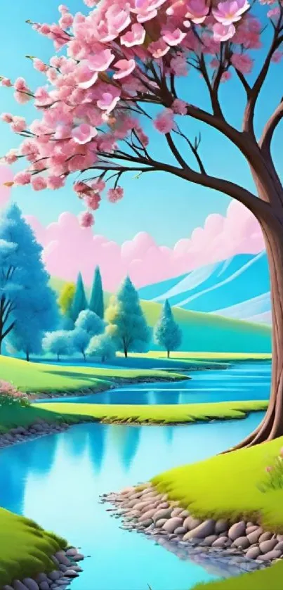 Blossoming tree beside calm river with hills.