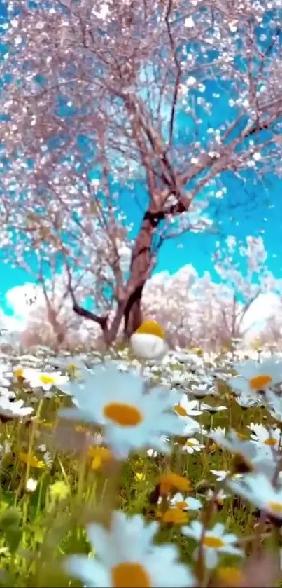 Springtime landscape with blossoms and daisies under a clear blue sky.