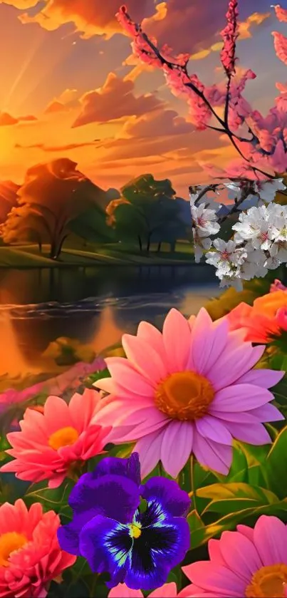 Vibrant flowers with sunset reflection on water in a serene landscape.