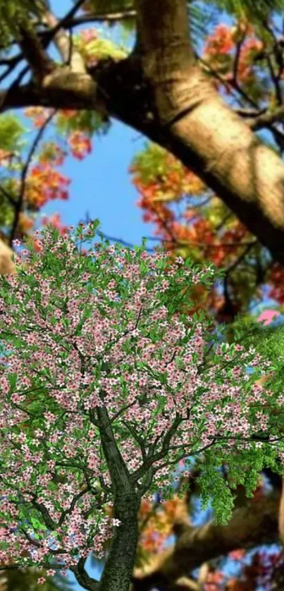 A vibrant tree blossoming under a clear blue sky, perfect for a mobile wallpaper.