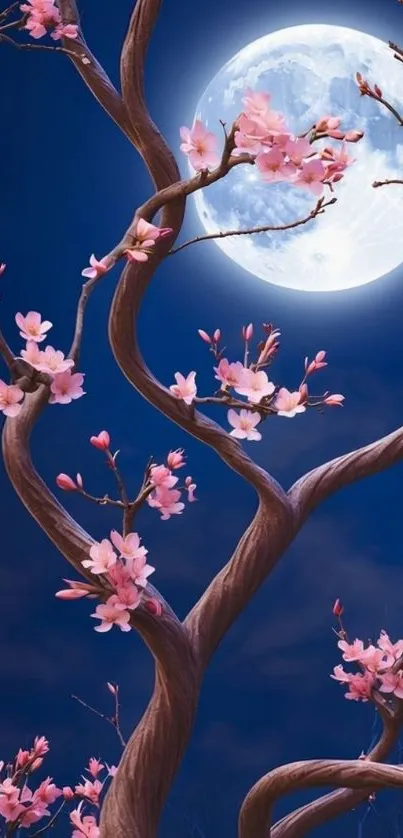 Cherry blossoms under full moon in serene night sky.