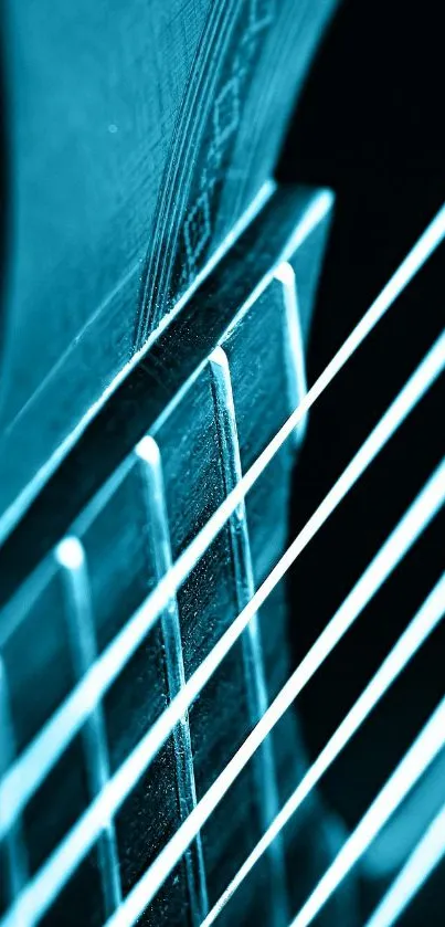 Close-up of blue acoustic guitar strings with artistic detail.