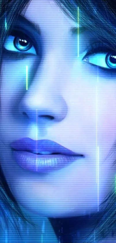 Stylized digital art of a woman's face in blue tones, perfect for phone wallpaper.