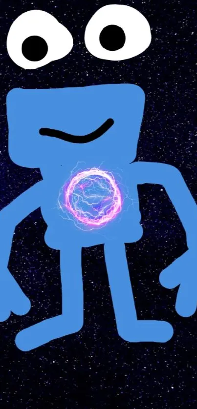 Cartoon blue alien on a starry dark blue space background.