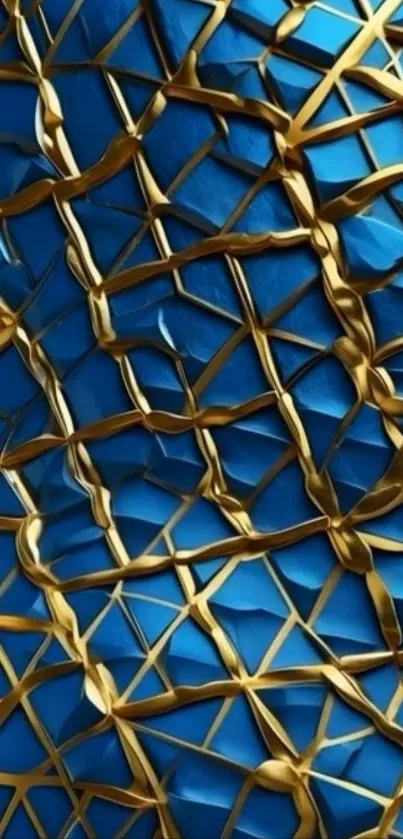 Abstract wallpaper with blue and gold geometric patterns.