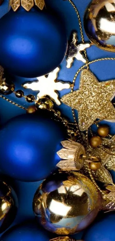 Blue and gold Christmas ornaments wallpaper.