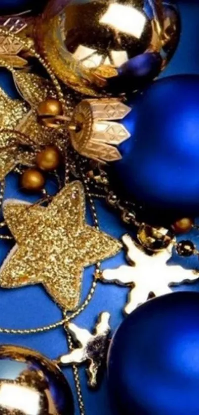 Blue and gold holiday ornaments with stars.