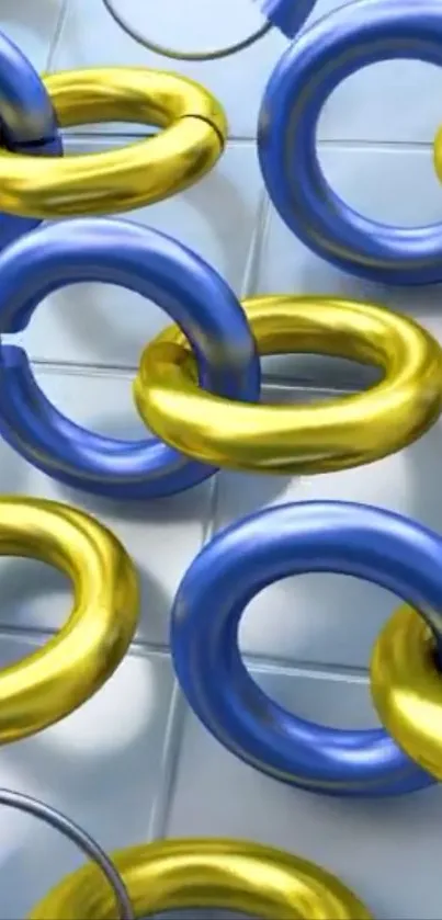 Interlocking blue and gold rings on a modern background.