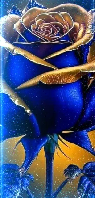Vibrant blue and gold rose mobile wallpaper.