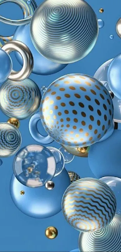 Abstract blue and gold 3D spherical pattern wallpaper for mobile.