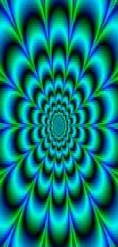 Blue and green abstract vortex pattern wallpaper.