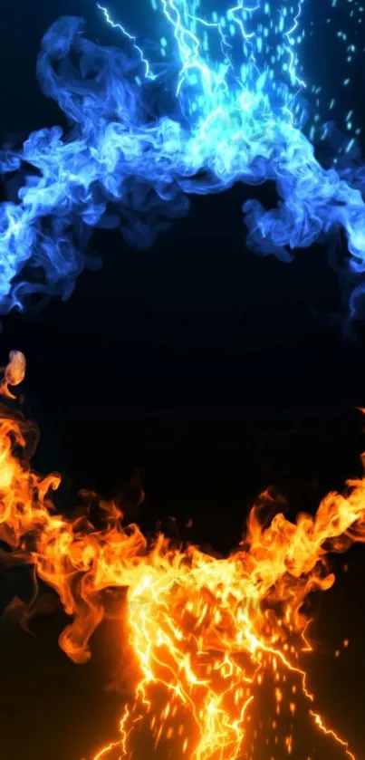 Blue and orange fire ring with sparks on dark background.