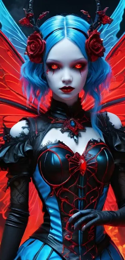 Fantasy figure with blue hair and red wings glowing.