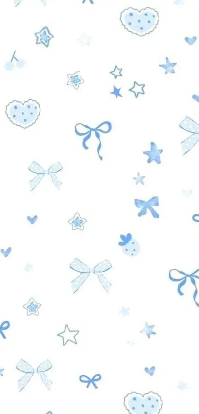 Blue and white wallpaper with bows, stars, and hearts.