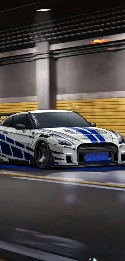 Blue and white sports car racing in an urban tunnel.