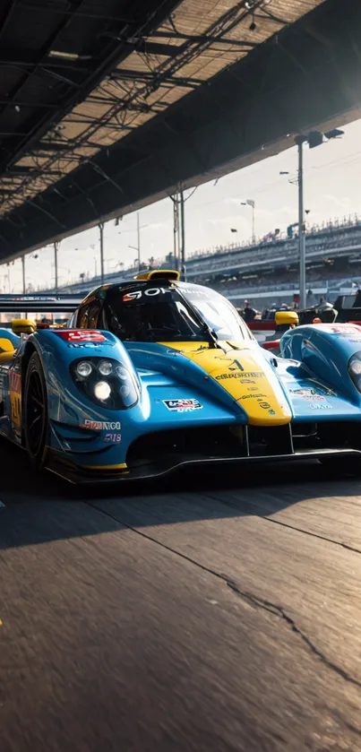 Blue and yellow race car on track in the sunlight.