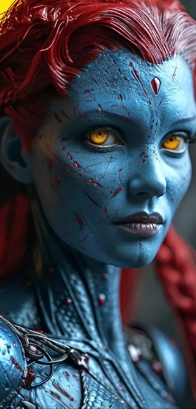 Blue-skinned android fantasy art with vibrant red hair and glowing eyes.