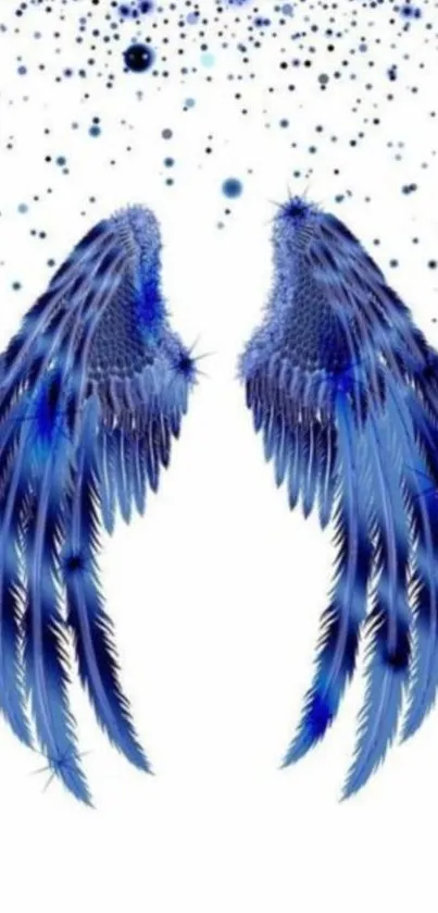 Blue feathered angel wings on white background.