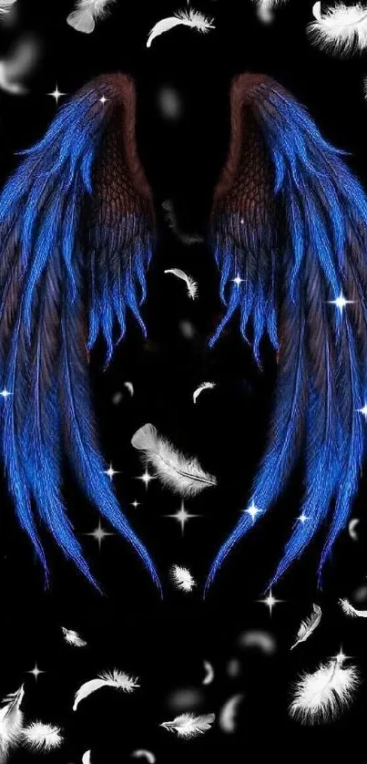 Mobile wallpaper with blue angel wings and white feathers on a dark background.