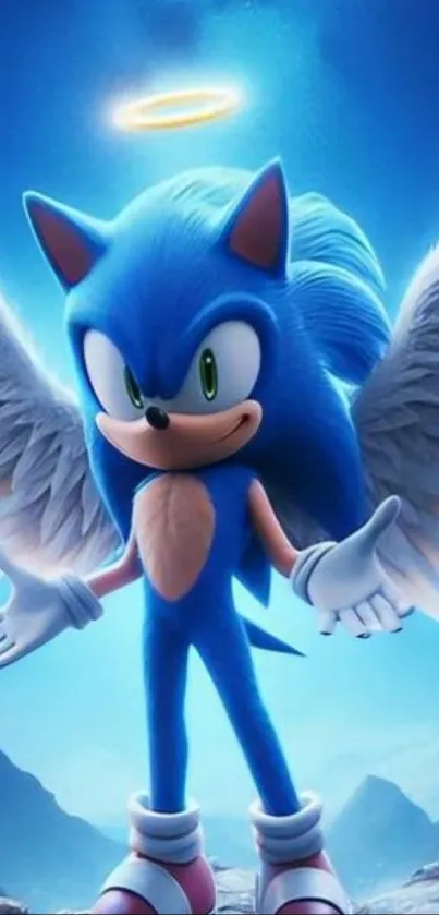 Blue hedgehog with wings on a vibrant wallpaper.