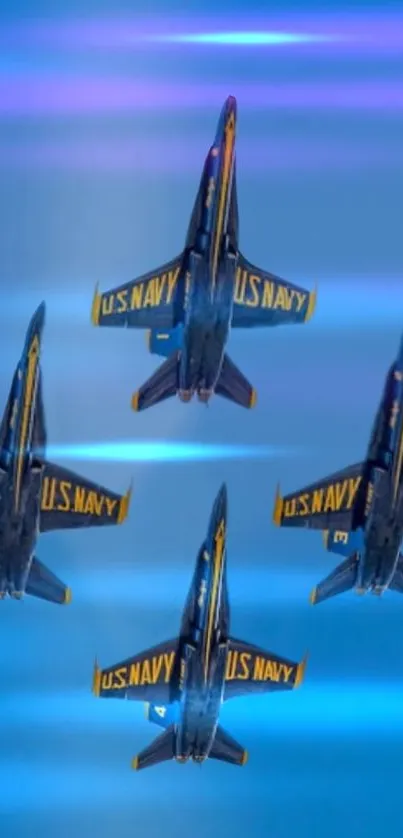 Blue Angels jets performing aerobatics against a blue sky.