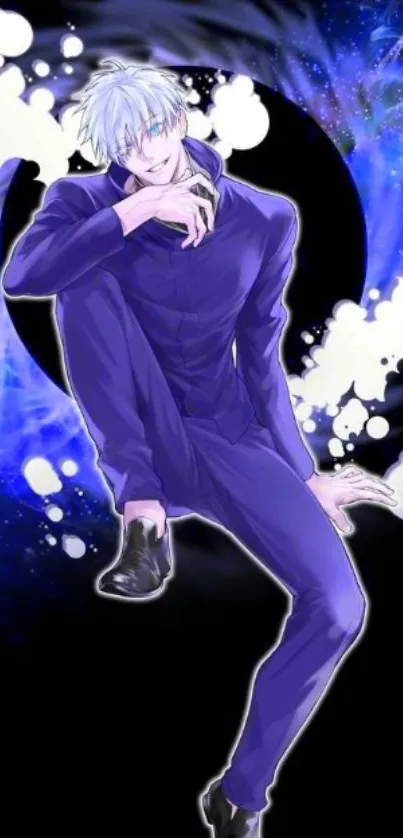 Anime character in blue with dynamic background.