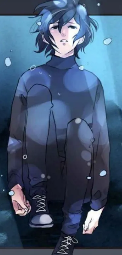 Anime character in dark blue hues depicting a moody atmosphere.